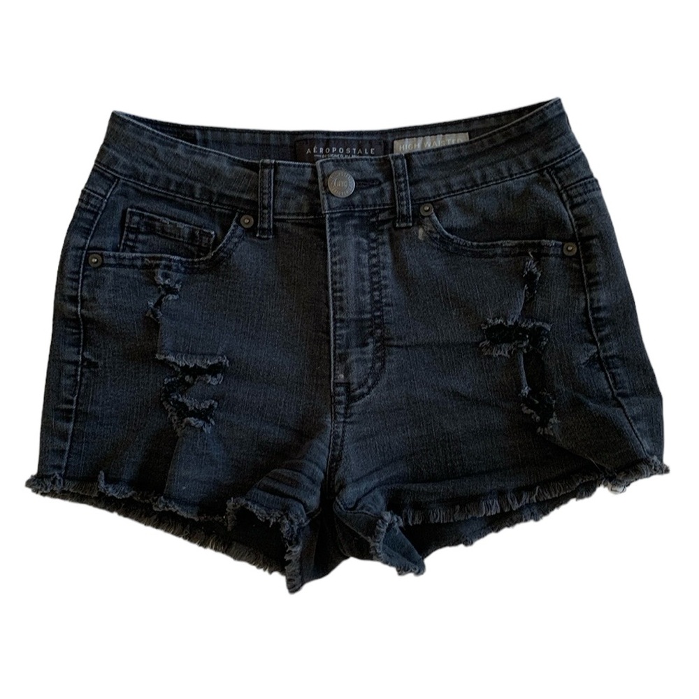 AEROPOSTALE HIGH WAISTED SHORTY DISTRESSED BLACK DENIM JEAN SHORTS • SIZE 2